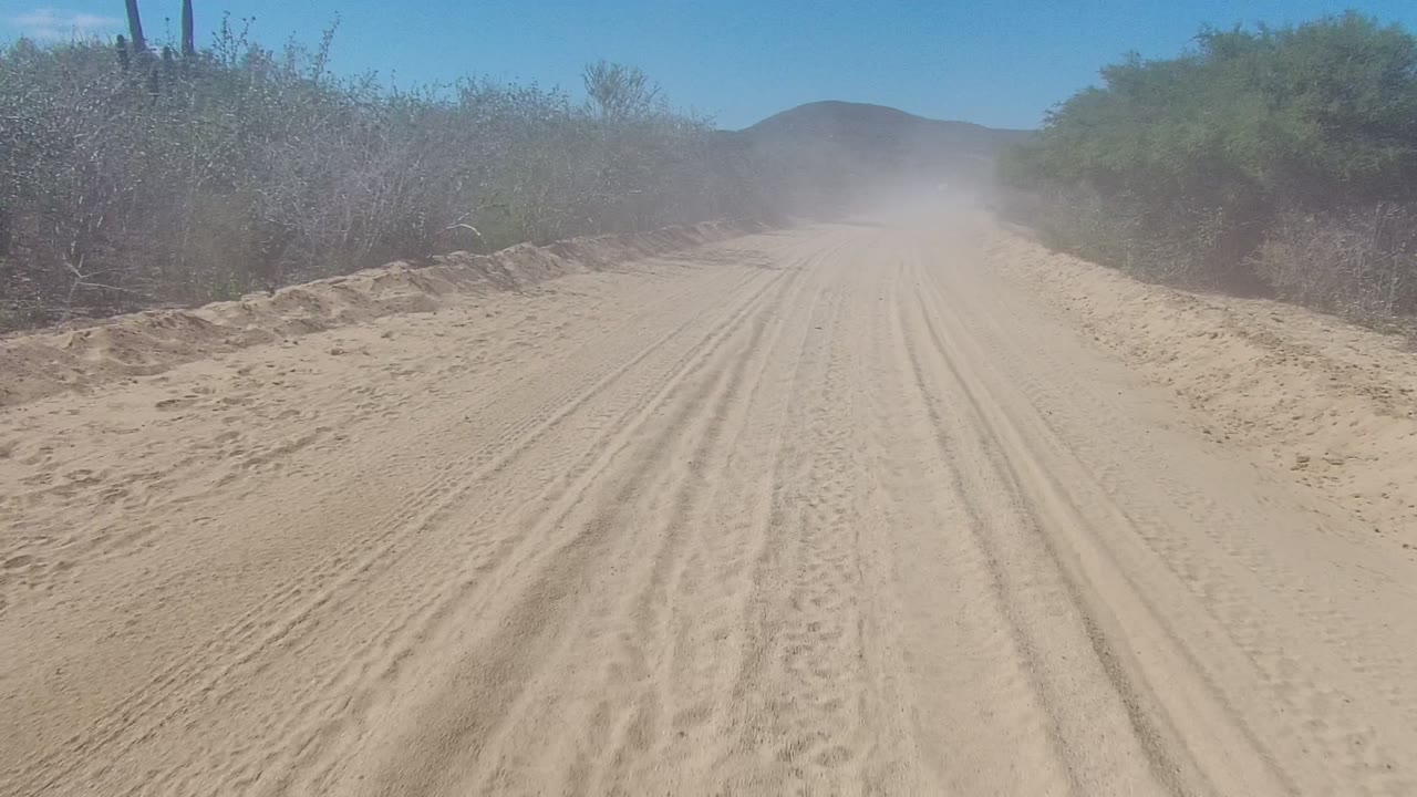 A wide sandy track in Los Cabos runs between roadside shrubs toward distant hills, with dust drifting across the road and no visible people.