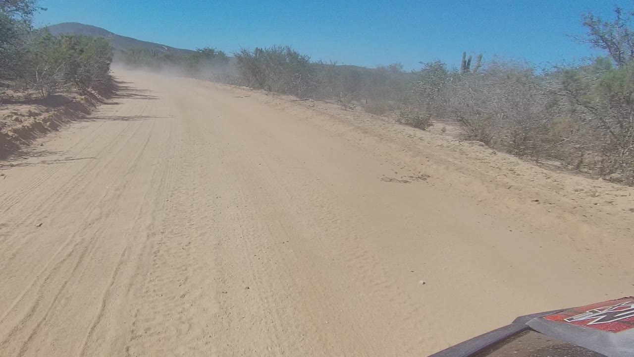 Start of a Los Cabos desert road view with sandy tire tracks, scrub bushes on both sides, a dusty haze ahead, a blue sky, and no visible people.