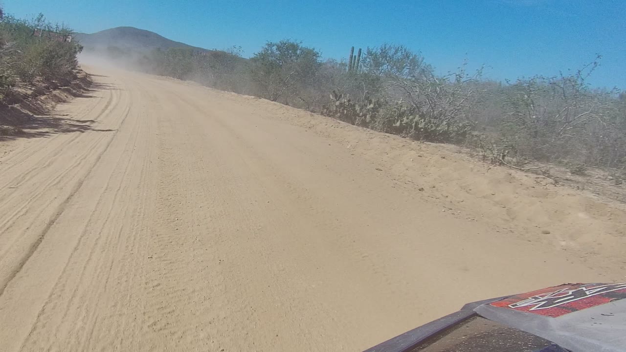 A Los Cabos off-road track runs between desert shrubs and visible cactus shapes, with fine dust across the road ahead, distant hills, and no visible people.