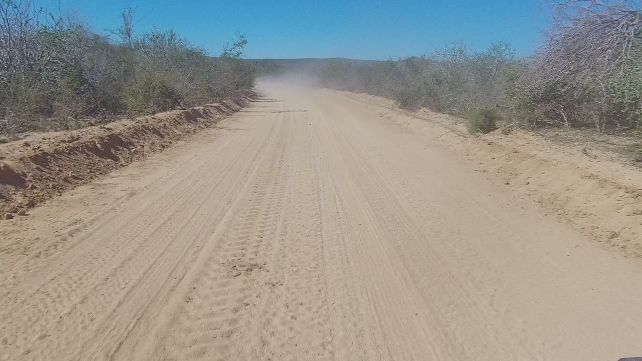A straighter section of the Los Cabos sandy track fills the frame, bordered by low bushes, marked with tire lines, and backed by a faint dust cloud with no visible people.