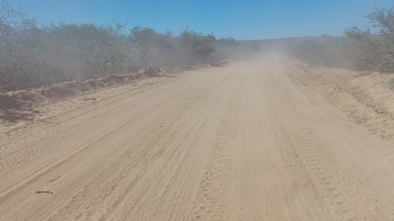 Straight sandy road with brushy shoulders and dust hanging in the distance.