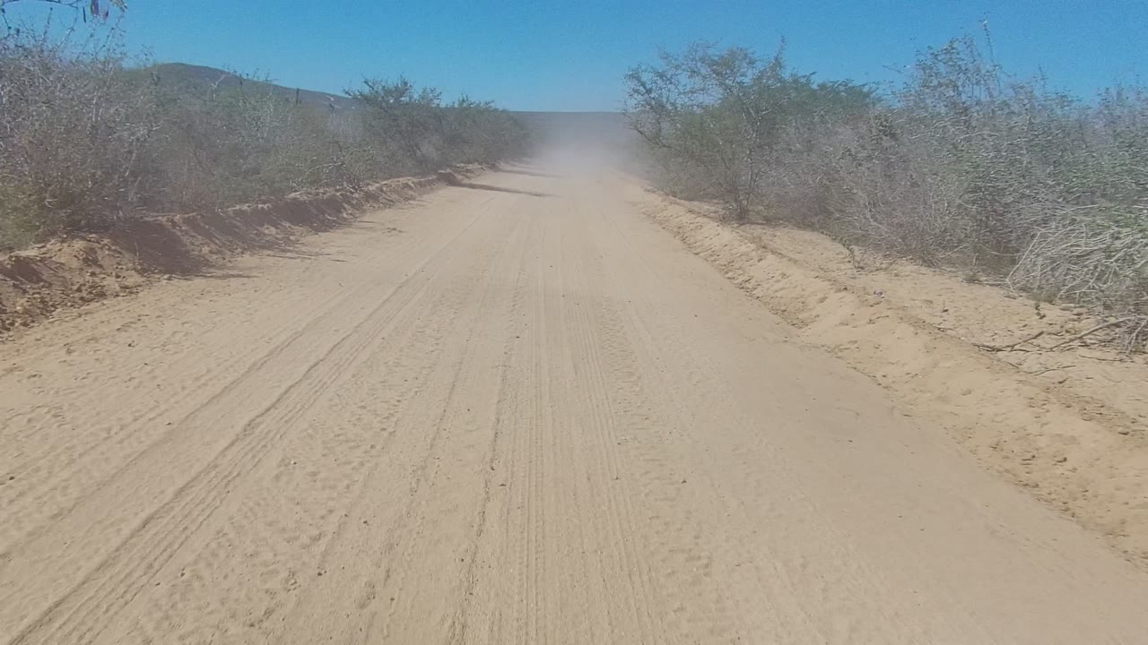 A wide sandy track in Los Cabos bends slightly between scrubby desert vegetation, with dust rising on the road ahead and no visible people.