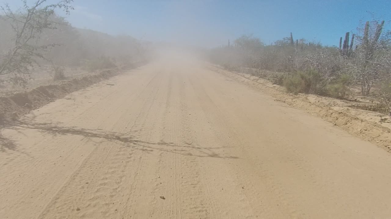 A sandy road in Los Cabos runs between scrub and cactus silhouettes, with tire grooves in the foreground, a dust plume in the distance, and no visible people.