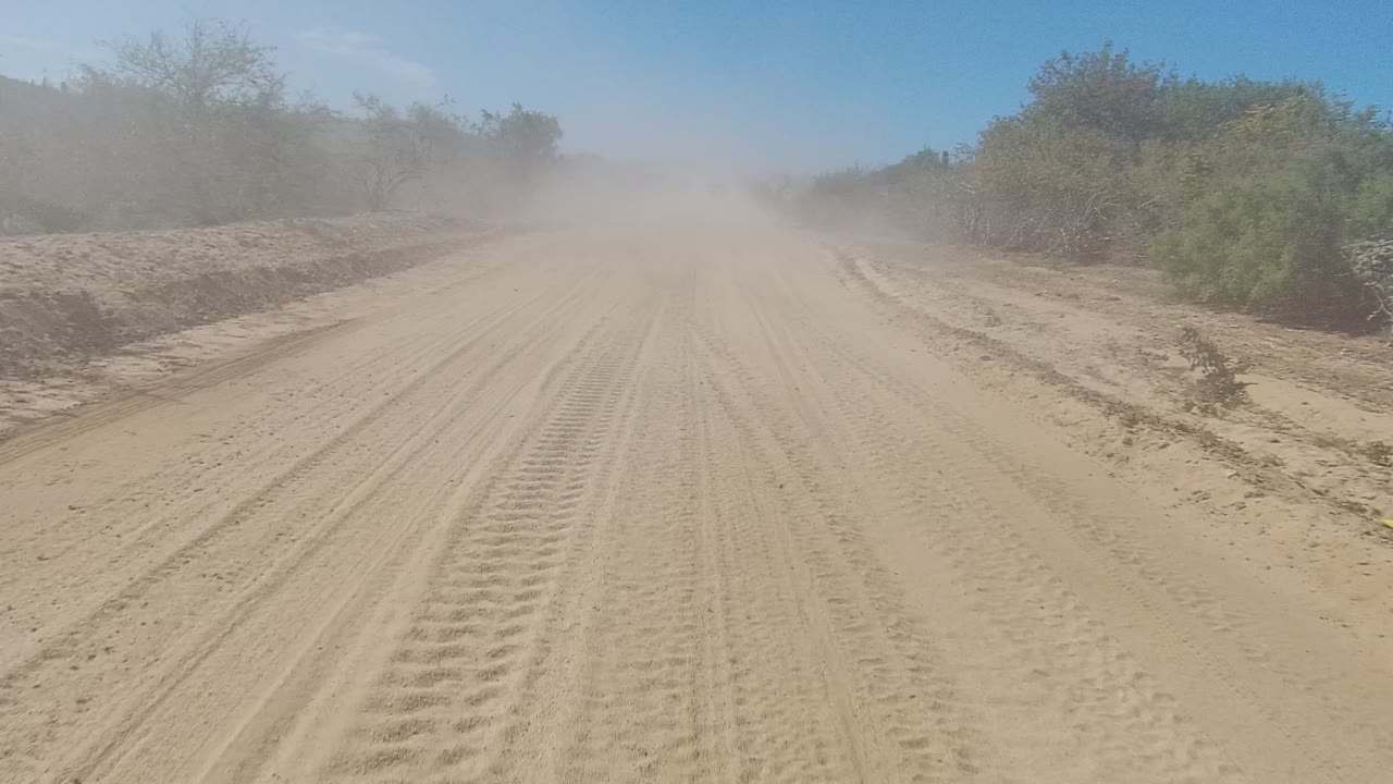A sandy dirt road in Los Cabos, Baja California Sur shows fresh tire tracks leading into a dust cloud, with dry brush along both sides and no visible people.