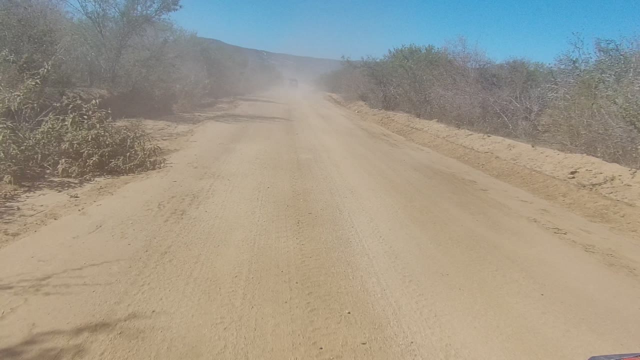 A sandy dirt road in Los Cabos, Baja California Sur stretches ahead between dry shrubs and low trees, with a dust cloud hanging over the road and no visible people.
