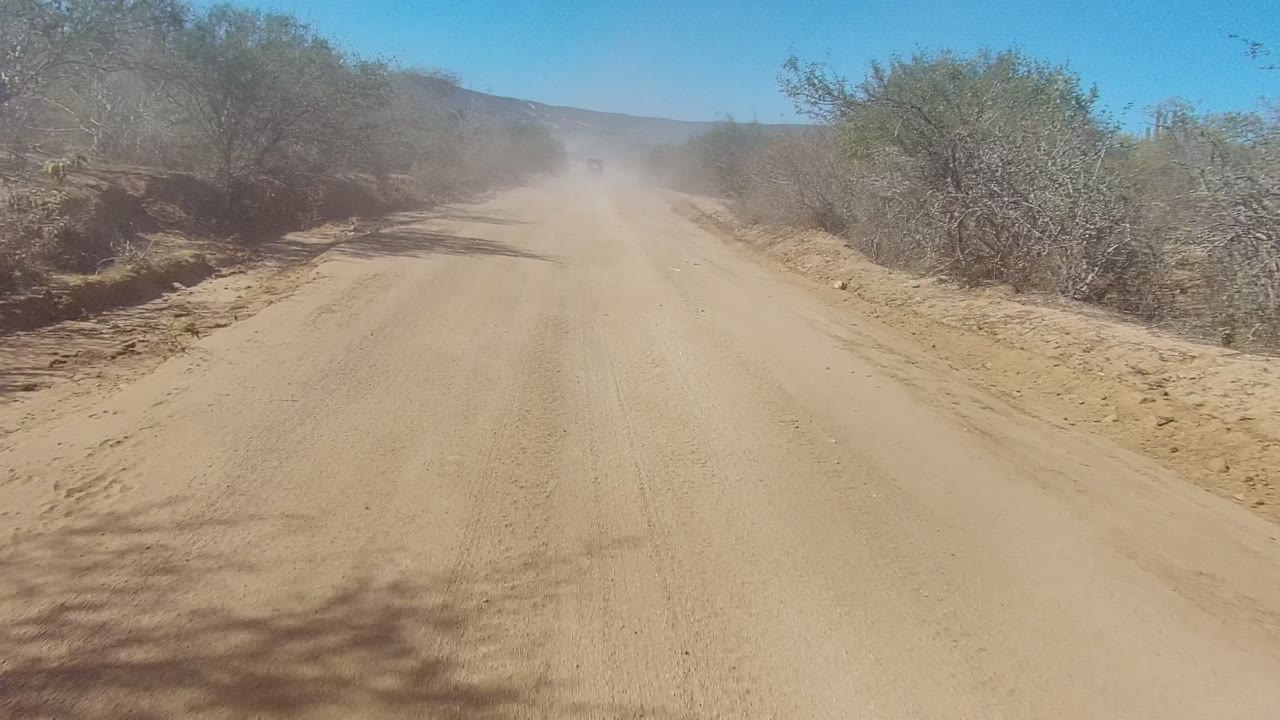 Dusty desert road curving past brush and eroded sand banks.