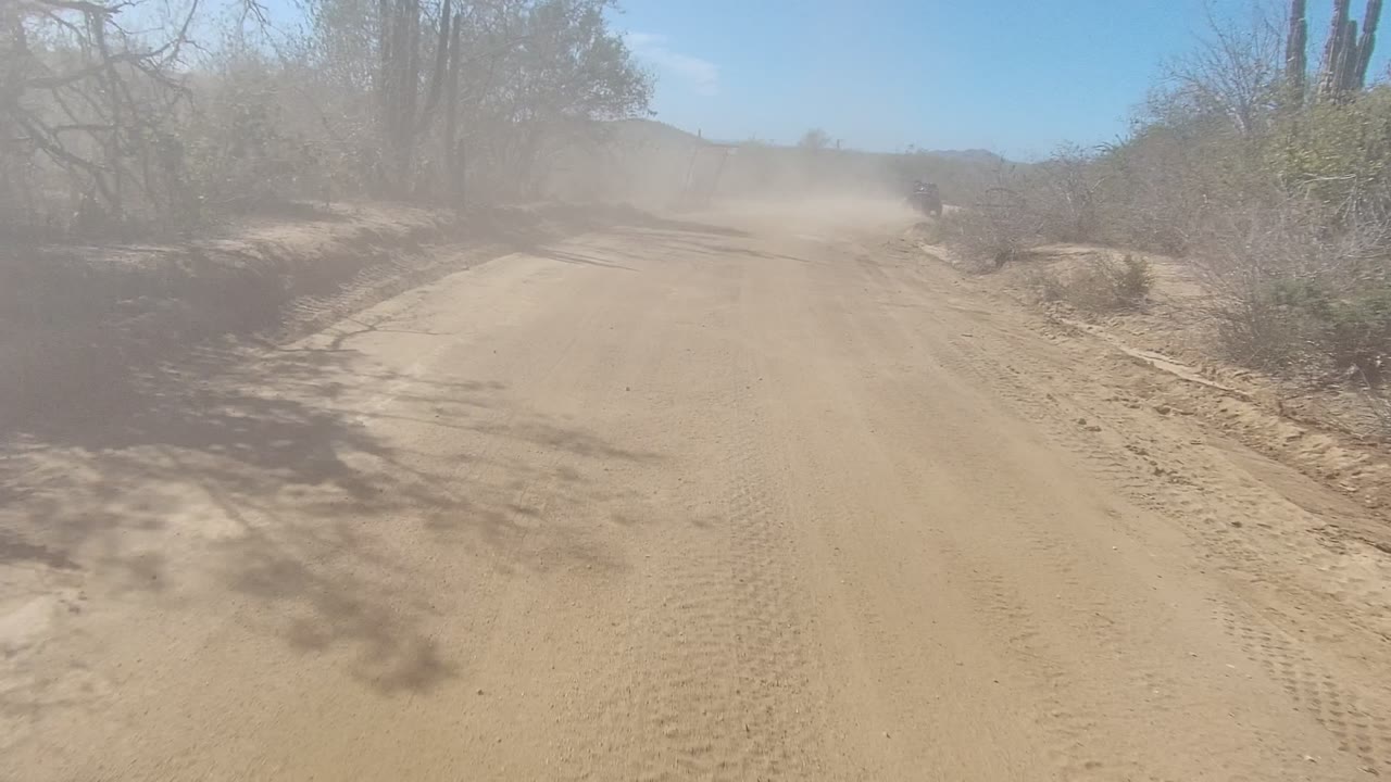 Sandy road curving through dry vegetation with dust ahead.