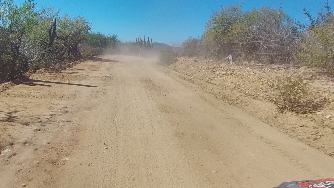 Arid dirt road with dust ahead and scrub vegetation along both sides.