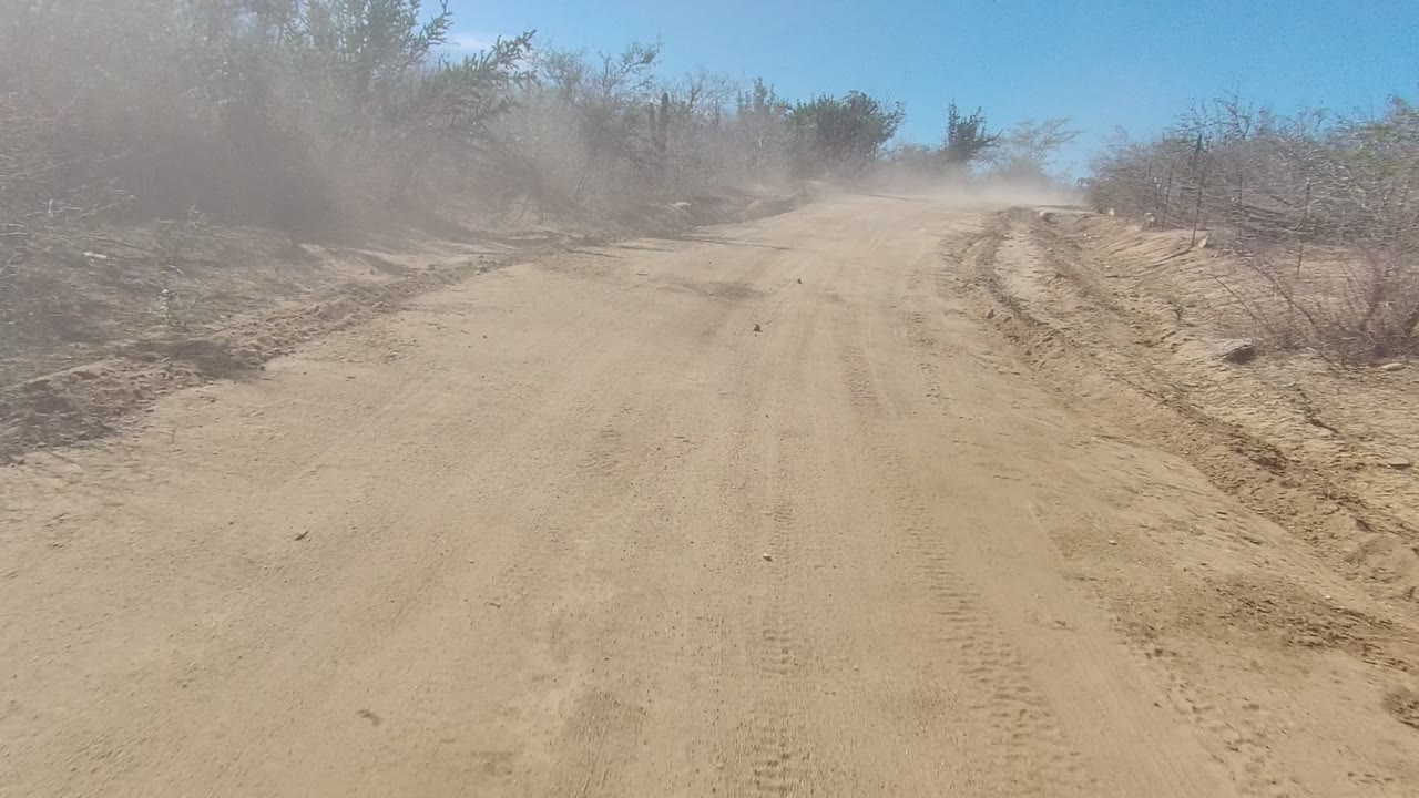 Straight dirt road with dust hanging over dry roadside brush.