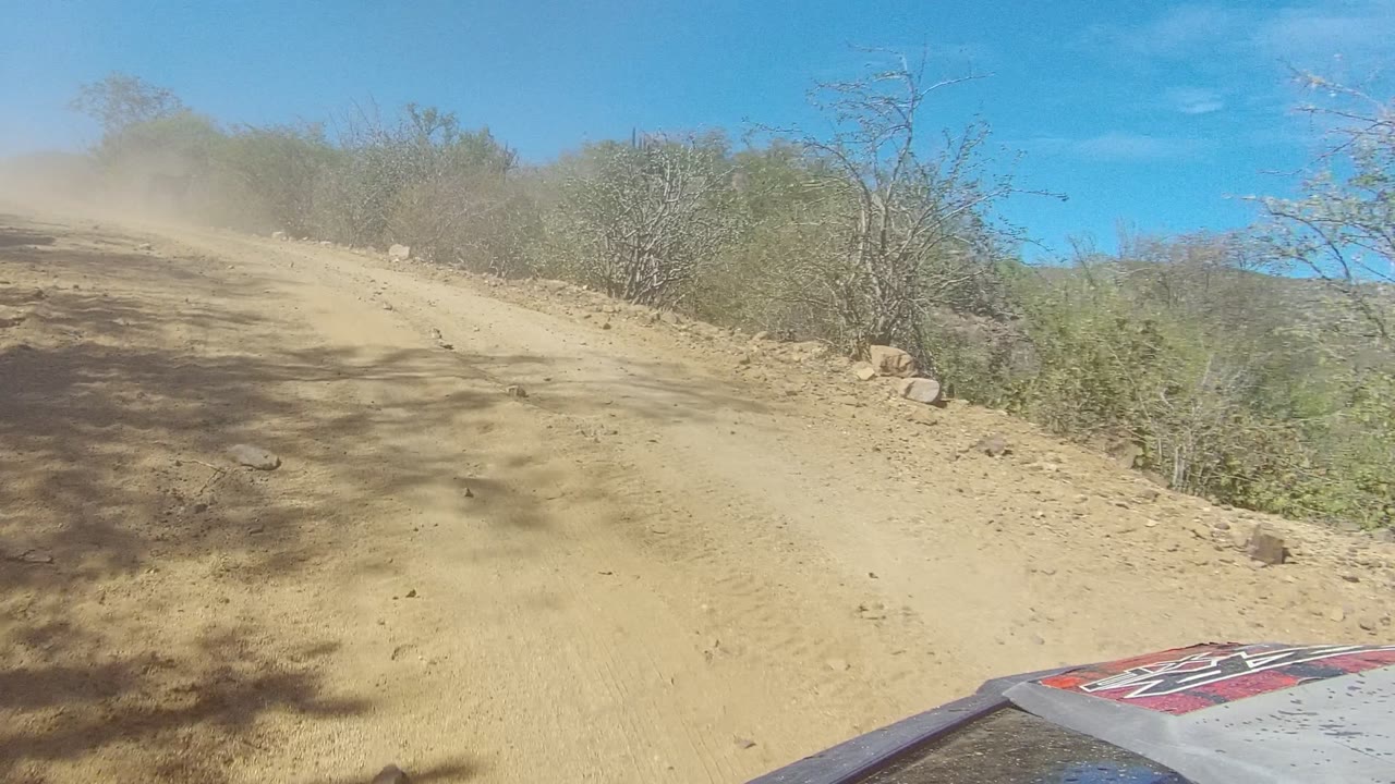 Dust haze over a curving dirt road bordered by dry bushes.