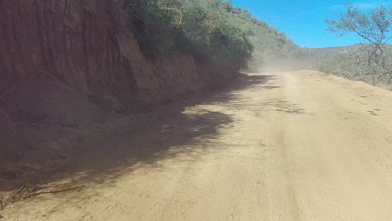 Forward view of a tan dirt road in Los Cabos, Baja California Sur, with a shaded rocky bank on the left, scrub vegetation on both sides, blue sky above, and no visible people.