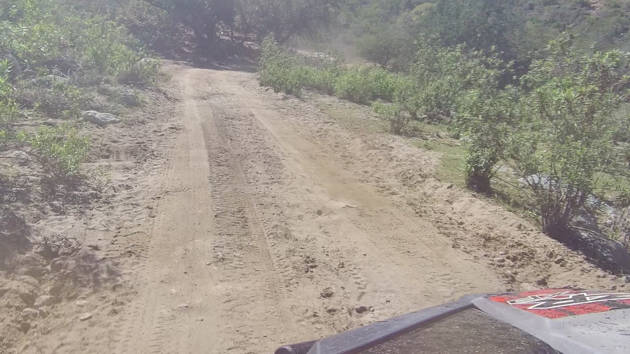 Forward view along a dry dirt track with shrubs and rocks beside it.