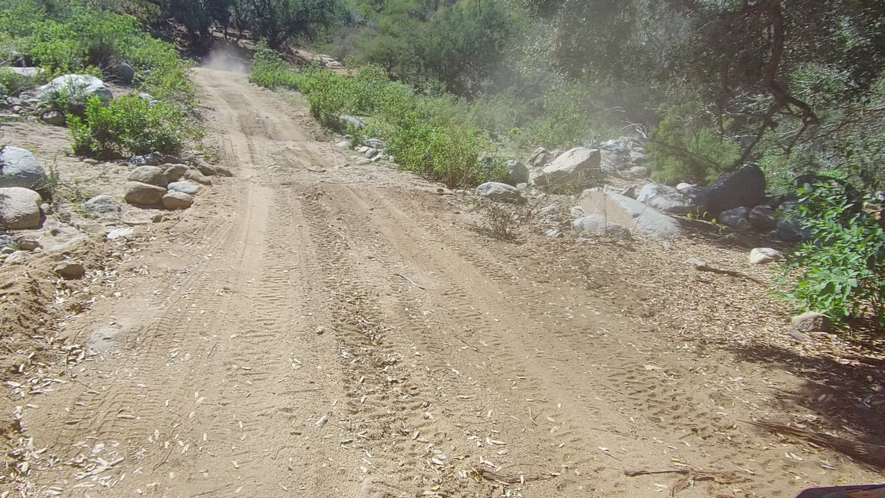 Opening frame of a dusty Los Cabos dirt road with tire tracks leading into green brush, scattered boulders, trees, and no visible people.