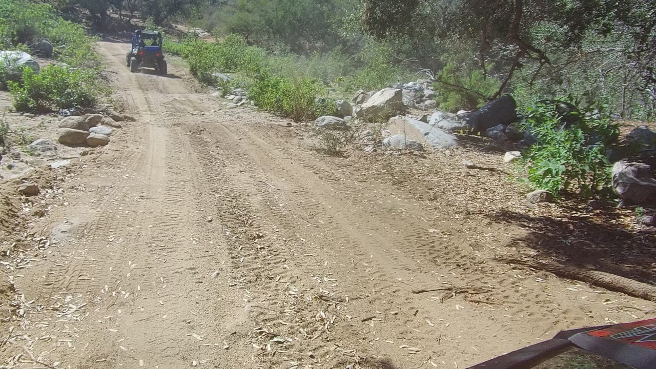 An off-road vehicle drives ahead on a rutted dirt trail in Los Cabos, Baja California Sur, with rocks, green brush, trees, dust, and no visible people.