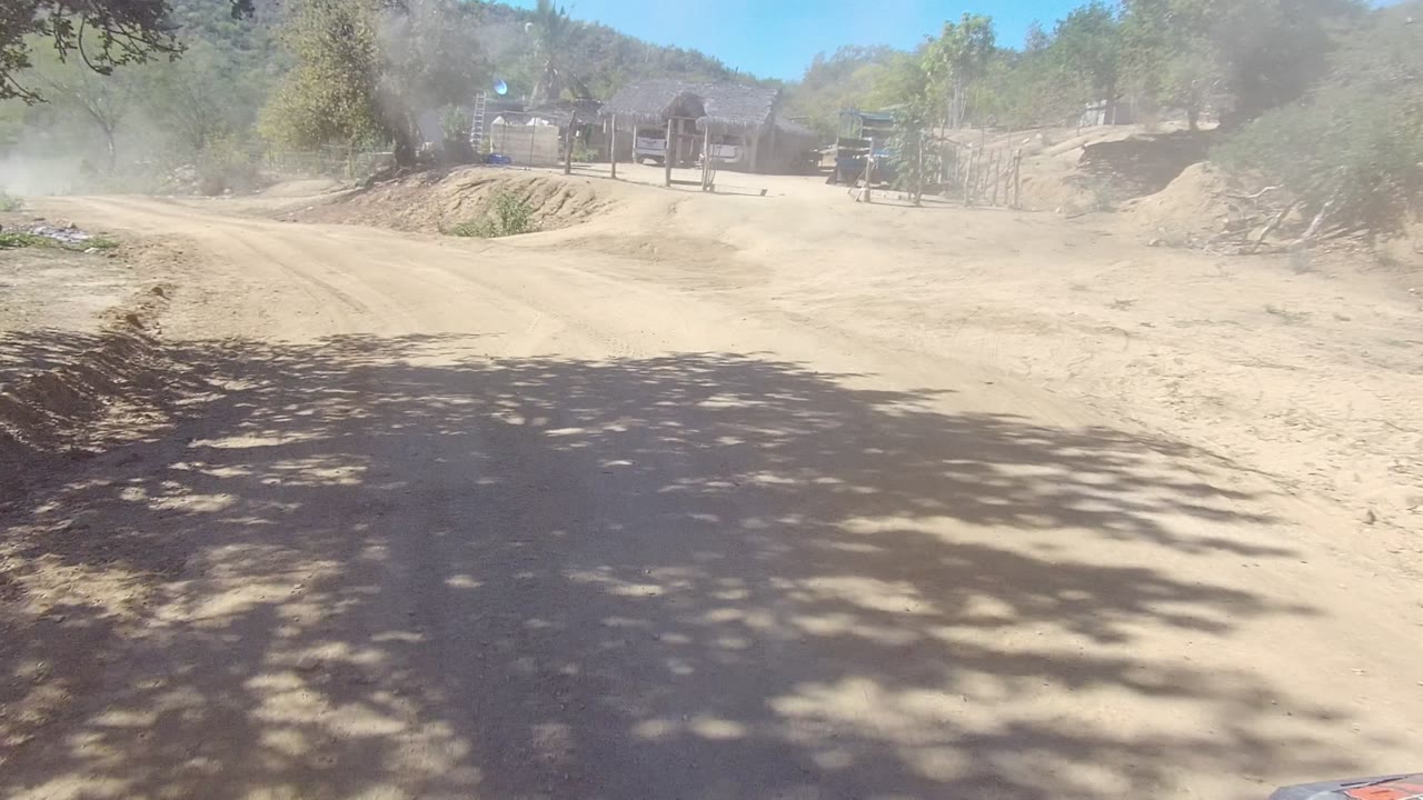 A sandy fork or bend in the dirt road appears ahead in Los Cabos, with dust hanging near roadside trees and no visible people.