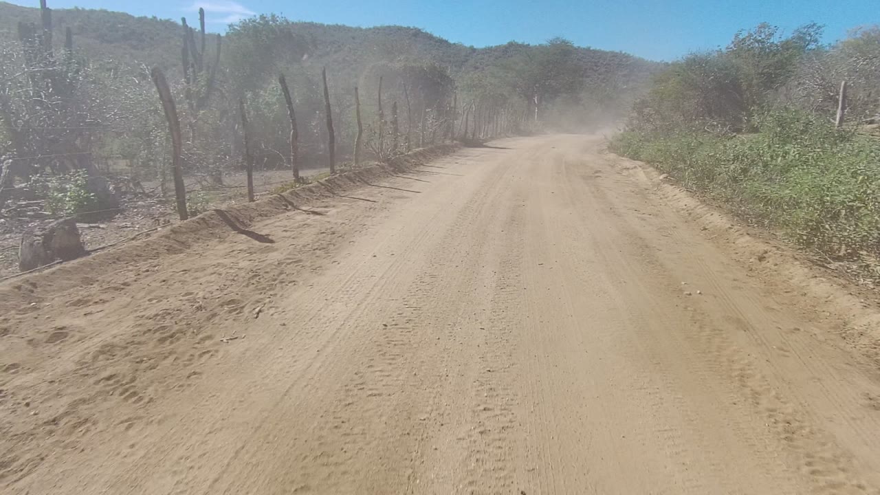 A dusty rural road in Los Cabos, Baja California Sur runs between fence posts, scrub vegetation, and low hills, with no visible people.