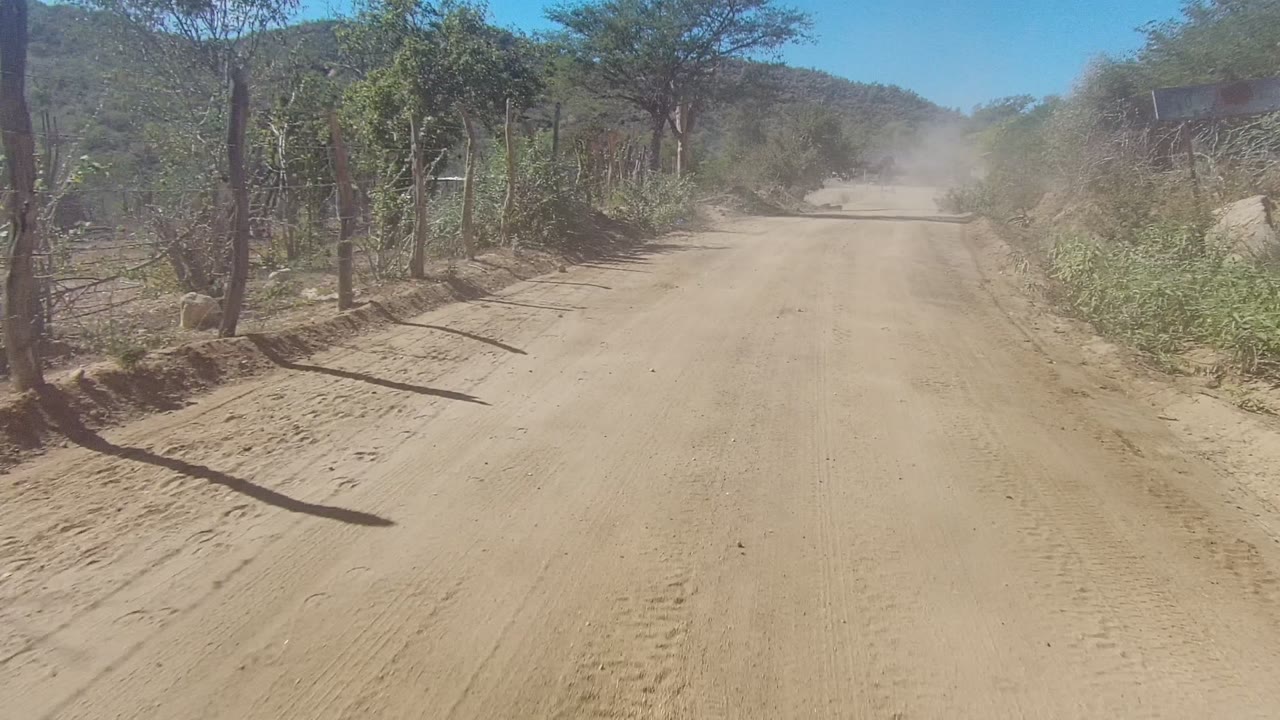 A wide sandy road in rural Los Cabos passes scrubby vegetation and fence shadows, with haze from road dust near the bend and no visible people.