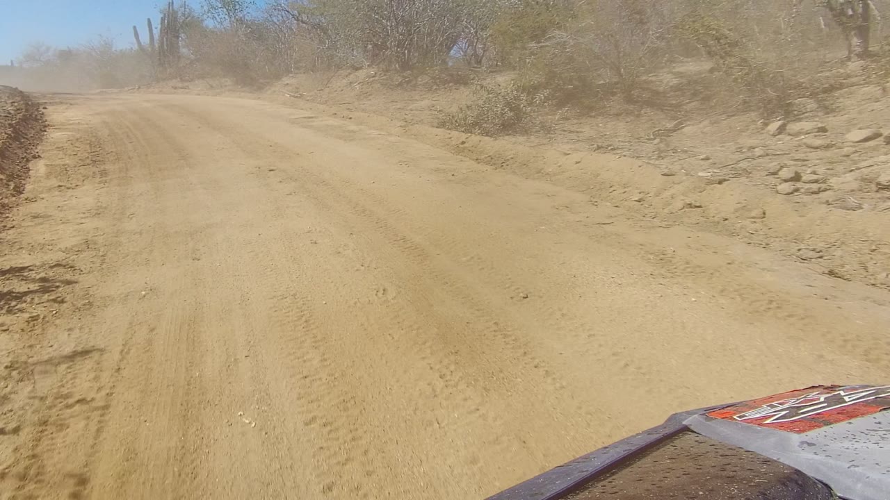 Opening view of a sandy dirt road in Los Cabos, Baja California Sur, with dry brush, cacti, pale dust ahead, blue sky, and no visible people.