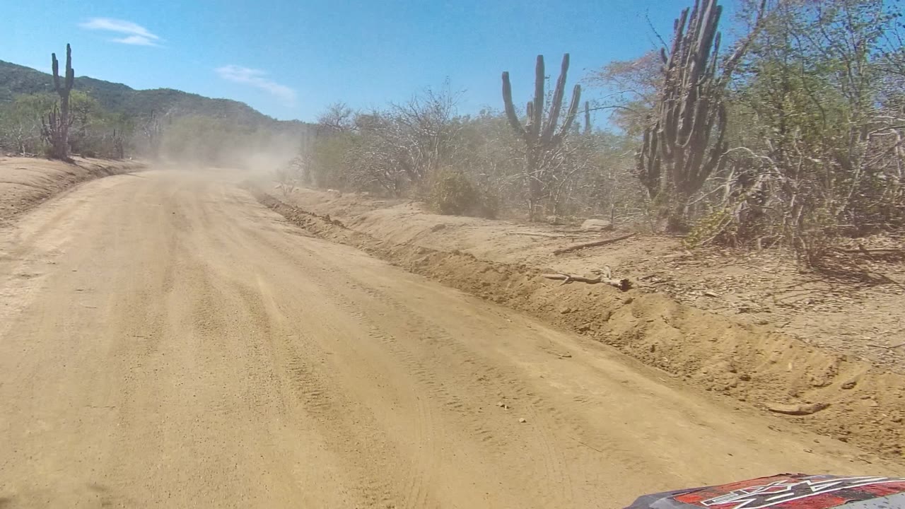 The road opens straighter through Los Cabos desert terrain, with a dust plume ahead, cactus clusters on both sides, distant hills, and no visible people.