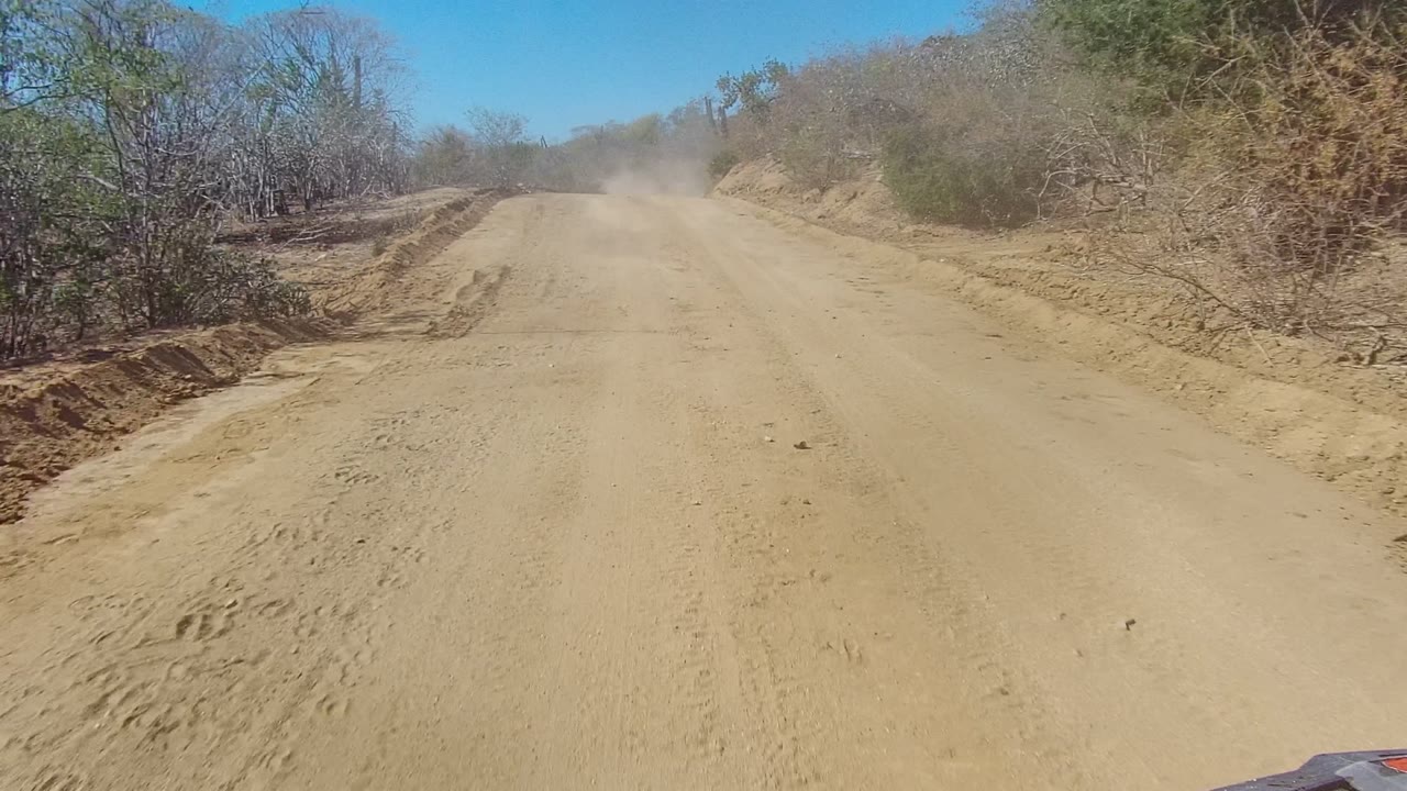 Forward view down a sandy dirt road in Los Cabos, Baja California Sur, with dry shrubs on both sides, dust in the distance, blue sky, and no visible people.