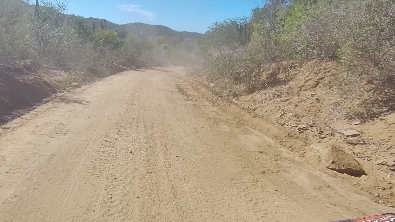 A dusty unpaved road in Los Cabos, Baja California Sur runs ahead between dry shrubs and distant low hills, with no visible people.