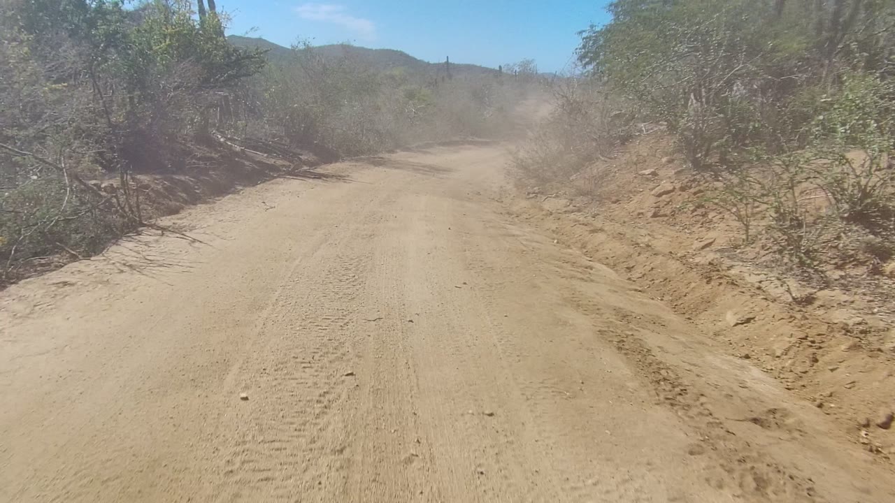 Unpaved road curving through arid brush with dust in the air.