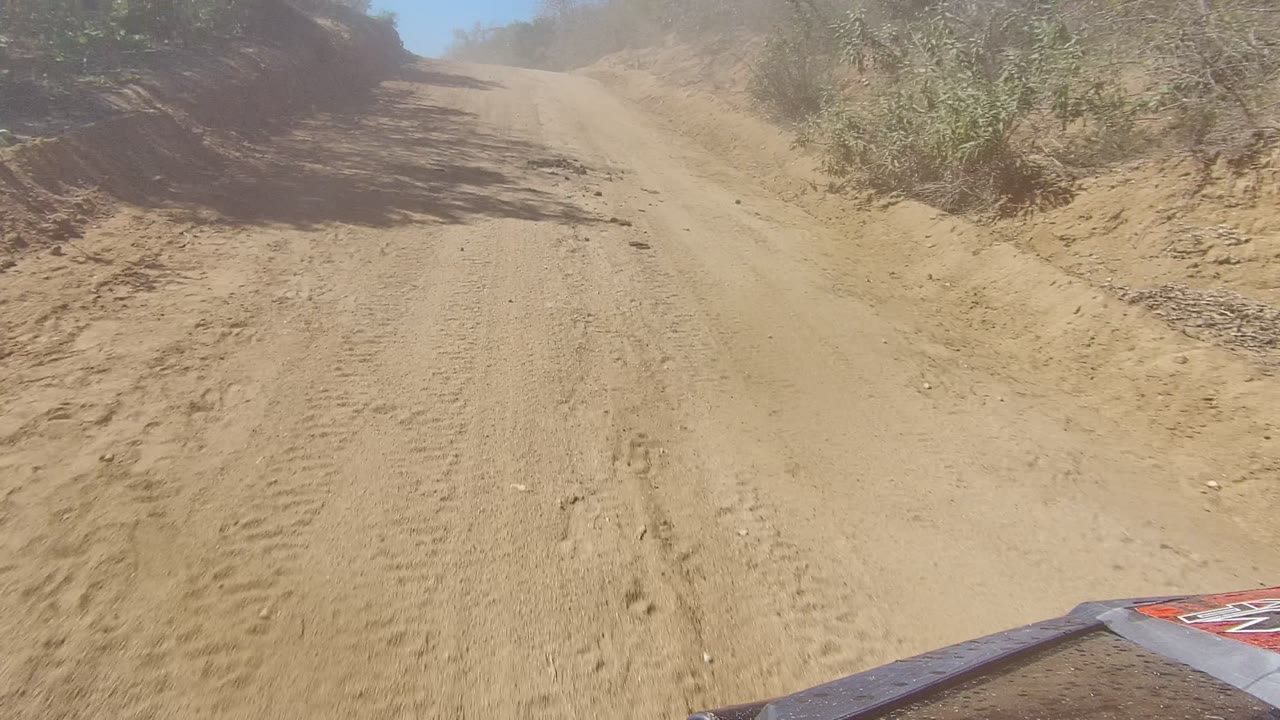 Low vehicle view of a sandy dirt road in Los Cabos, Baja California Sur, with tire marks, dry brush on both sides, and no visible people.