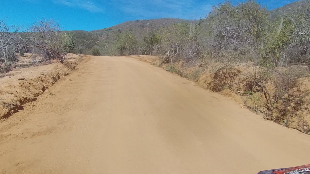 Forward view down a sandy dirt road in Los Cabos with dry shrubs on both sides, low hills ahead, blue sky above, and no visible people.