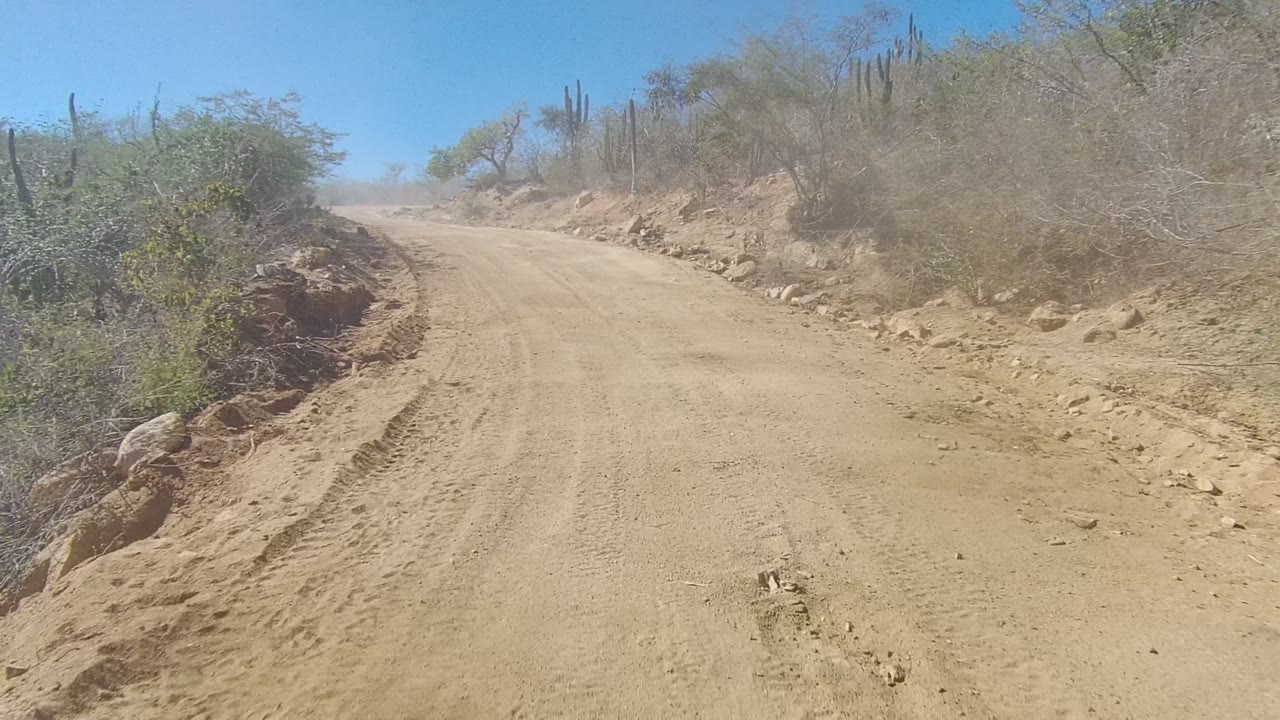 A later Los Cabos road view shows the sandy track opening ahead, a raised rocky shoulder on the left, dry brush on both sides, upright cacti, clear sky, and no visible people.