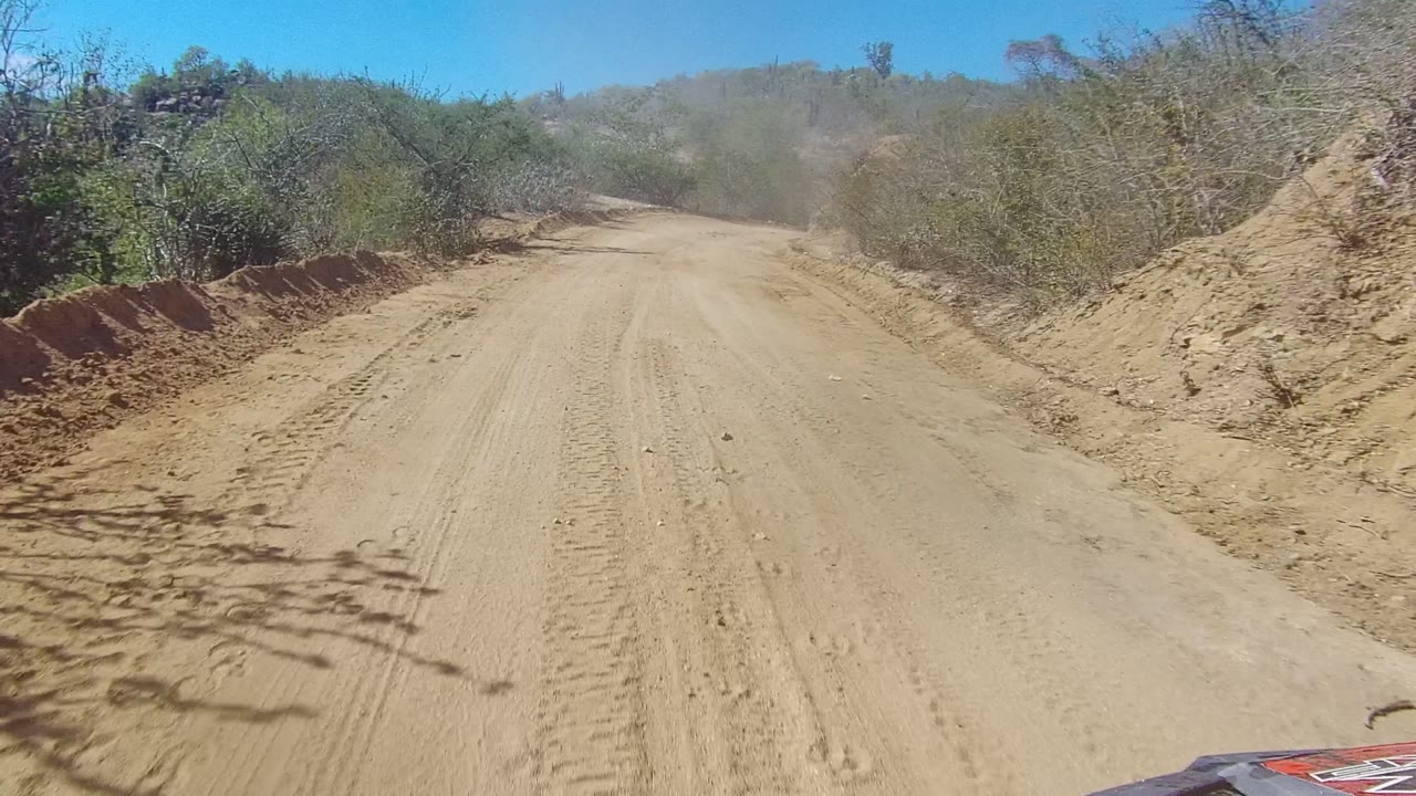 The road bends through dry Los Cabos hillside terrain, with a dusty surface, tire impressions, scrub vegetation, rocky banks, blue sky, and no visible people.
