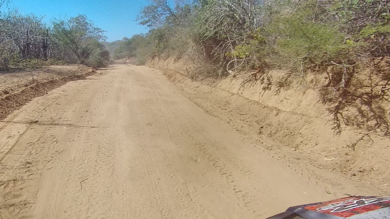 Forward view down a sandy dirt road in Los Cabos, Baja California Sur, with dry bushes on both sides, eroded road edges, and no visible people.