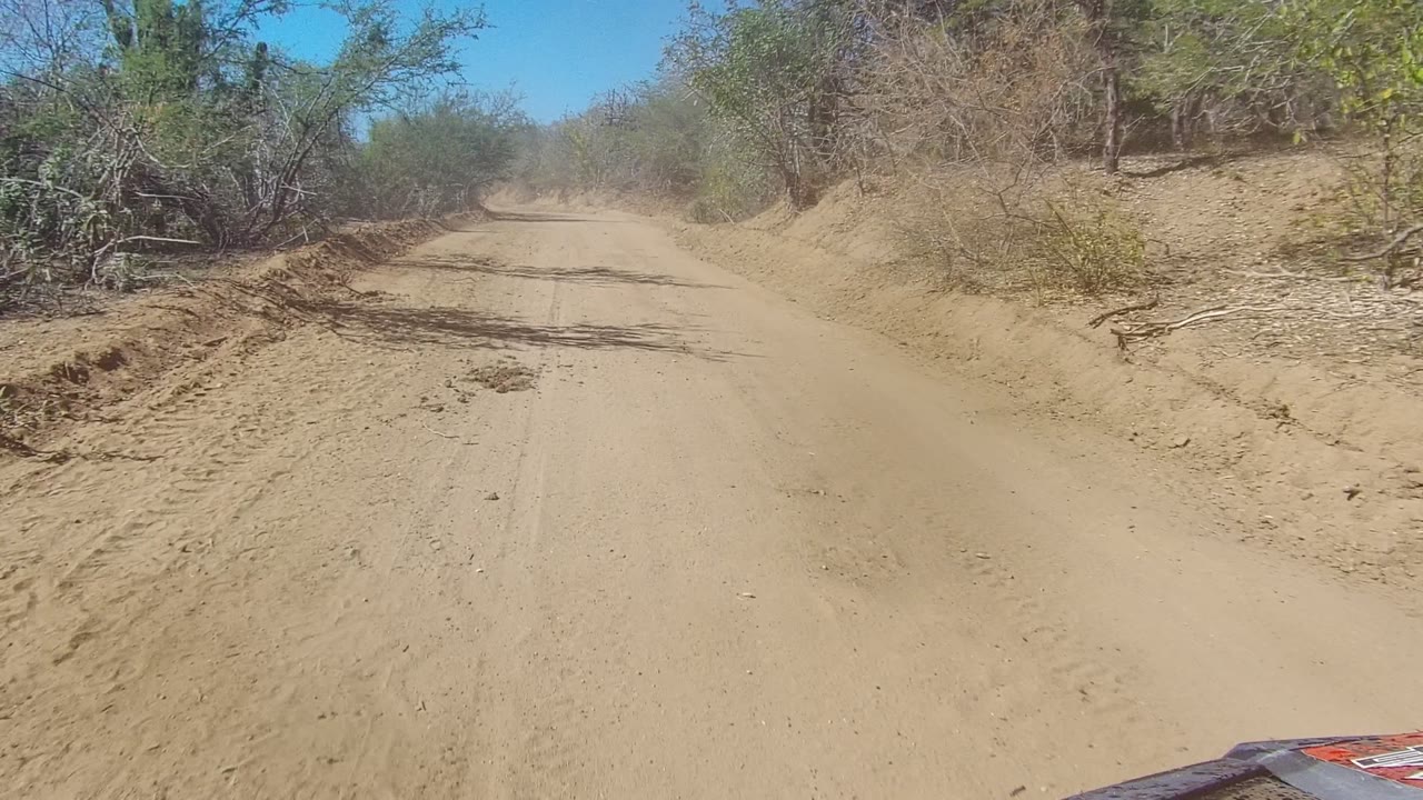 Dusty road continuing between raised sandy banks and sparse vegetation.