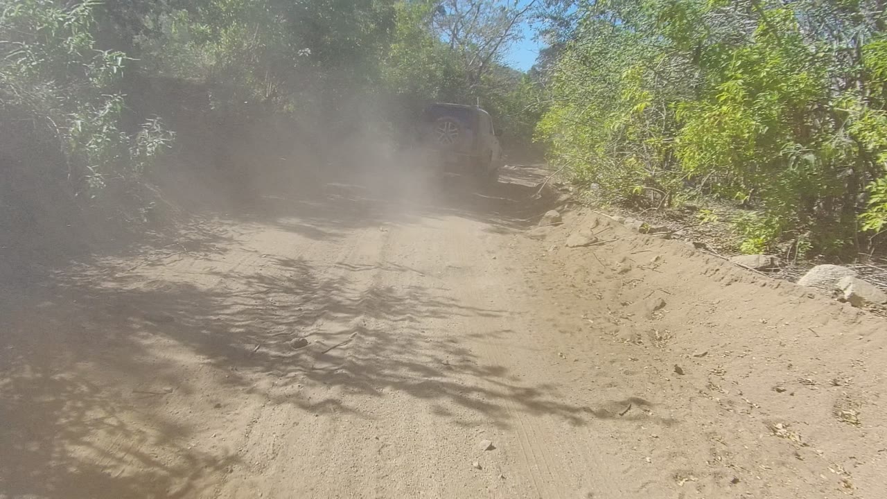 Dust drifts over a rutted dirt road through green roadside brush in Los Cabos, Baja California Sur, with no visible people at the start of the clip.