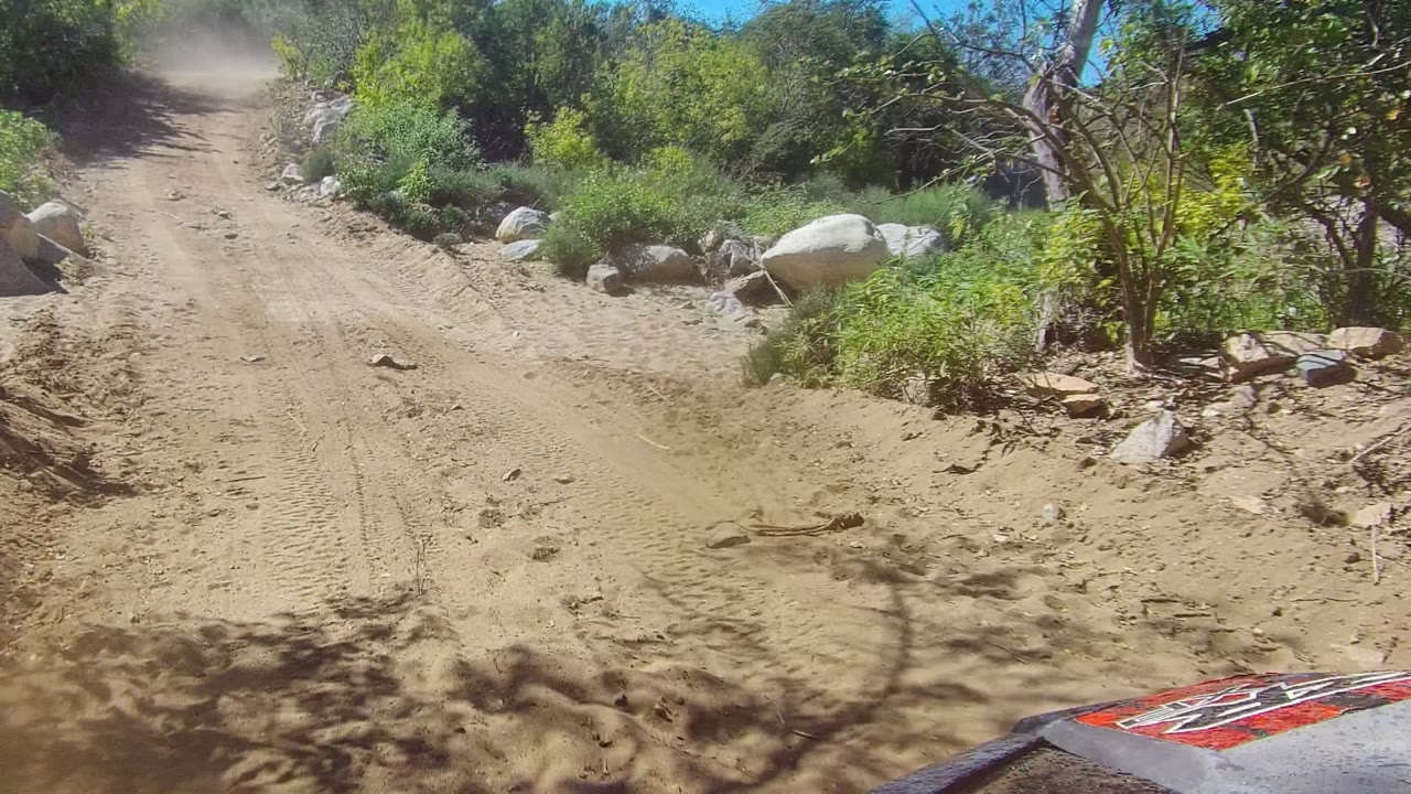 Opening view of a sandy dirt road in Los Cabos, Baja California Sur, with tire marks, roadside rocks, green vegetation, and no visible people.