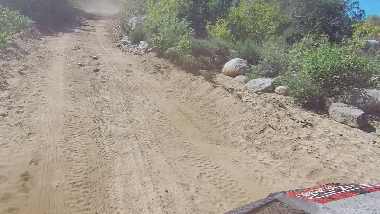 Straight sandy road with tire tracks and green brush on both sides.