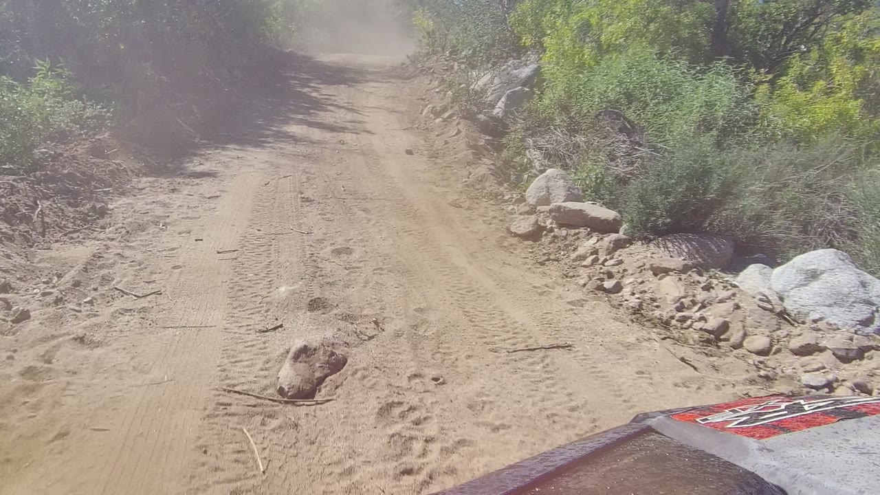 Dust-softened view of a Los Cabos dirt road with a prominent rock on the right, brush along the edges, tire tracks in sand, and no visible people.