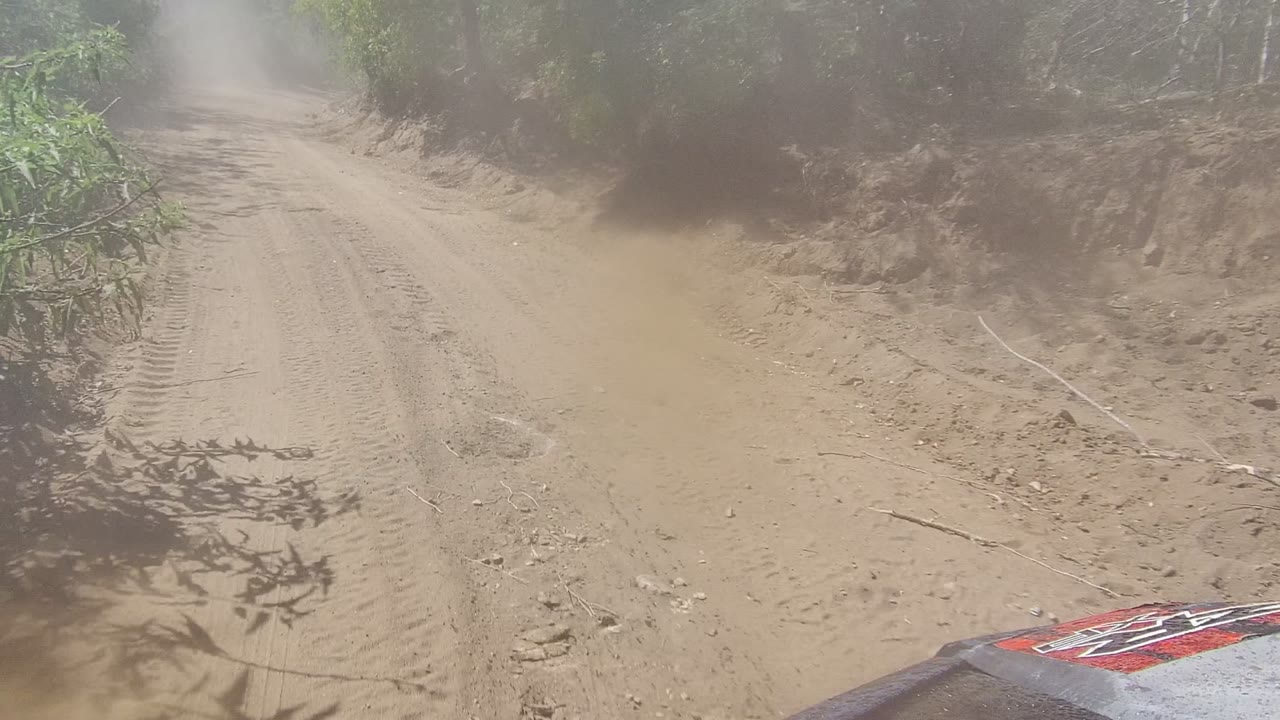 A narrow dirt road in Los Cabos, Baja California Sur passes dry brush, a pale roadside rock, and tire marks under bright light, with no visible people.