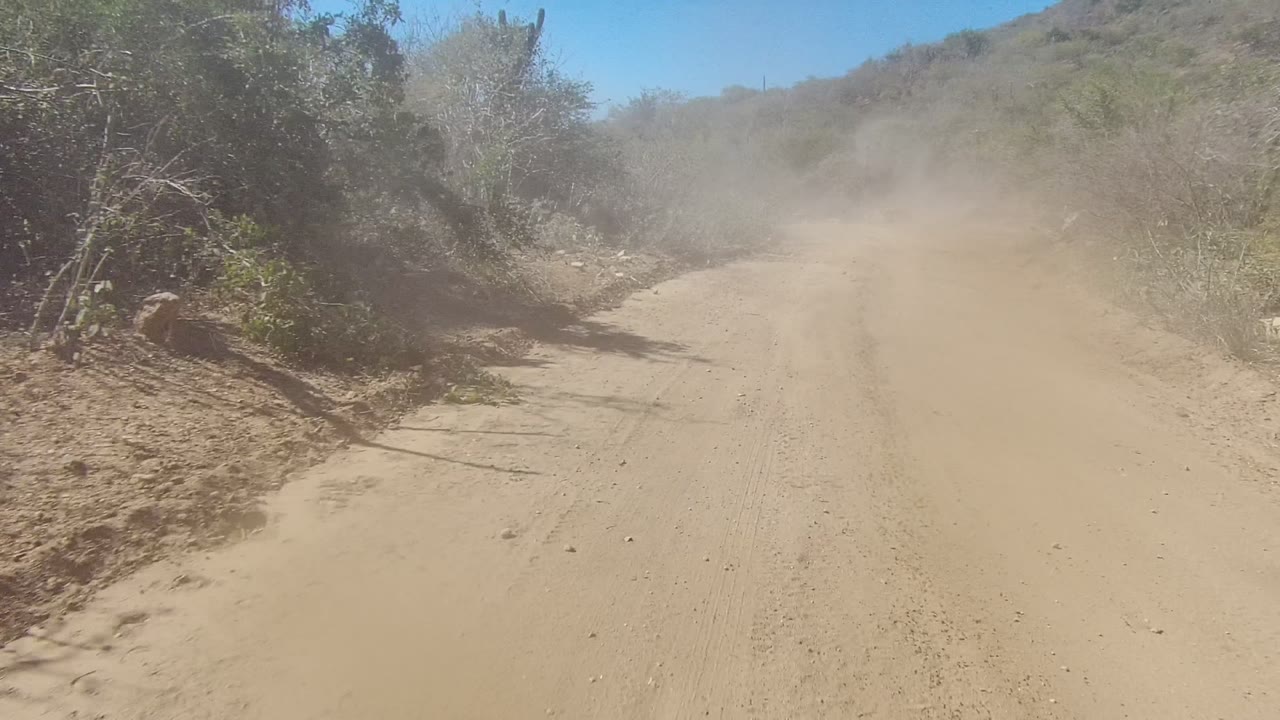 A thicker dust cloud rolls across a sandy road in Los Cabos, Baja California Sur, partly obscuring the dry bushes and low hillside, with no visible people.
