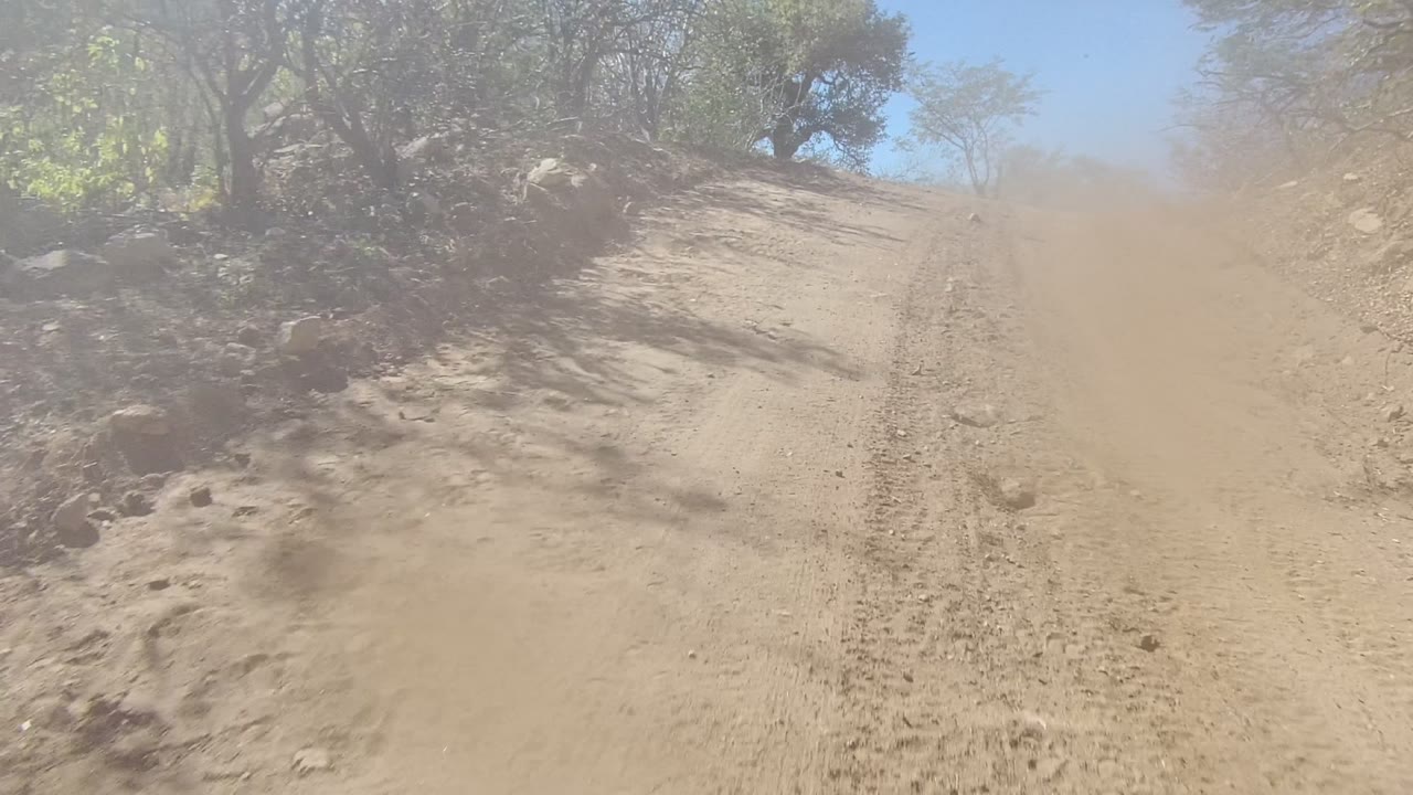 Sandy road rising through arid brush with dust in the air