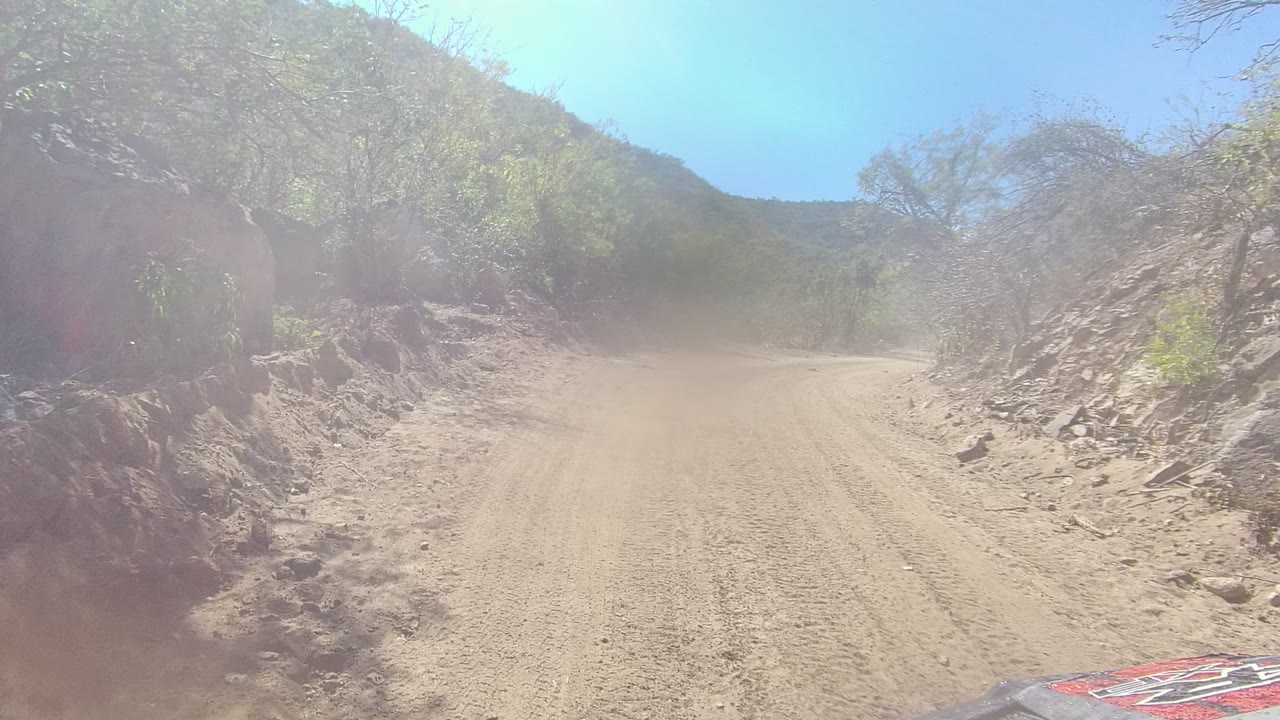 Dirt road ahead with rocks and brush on both sides in bright sun.