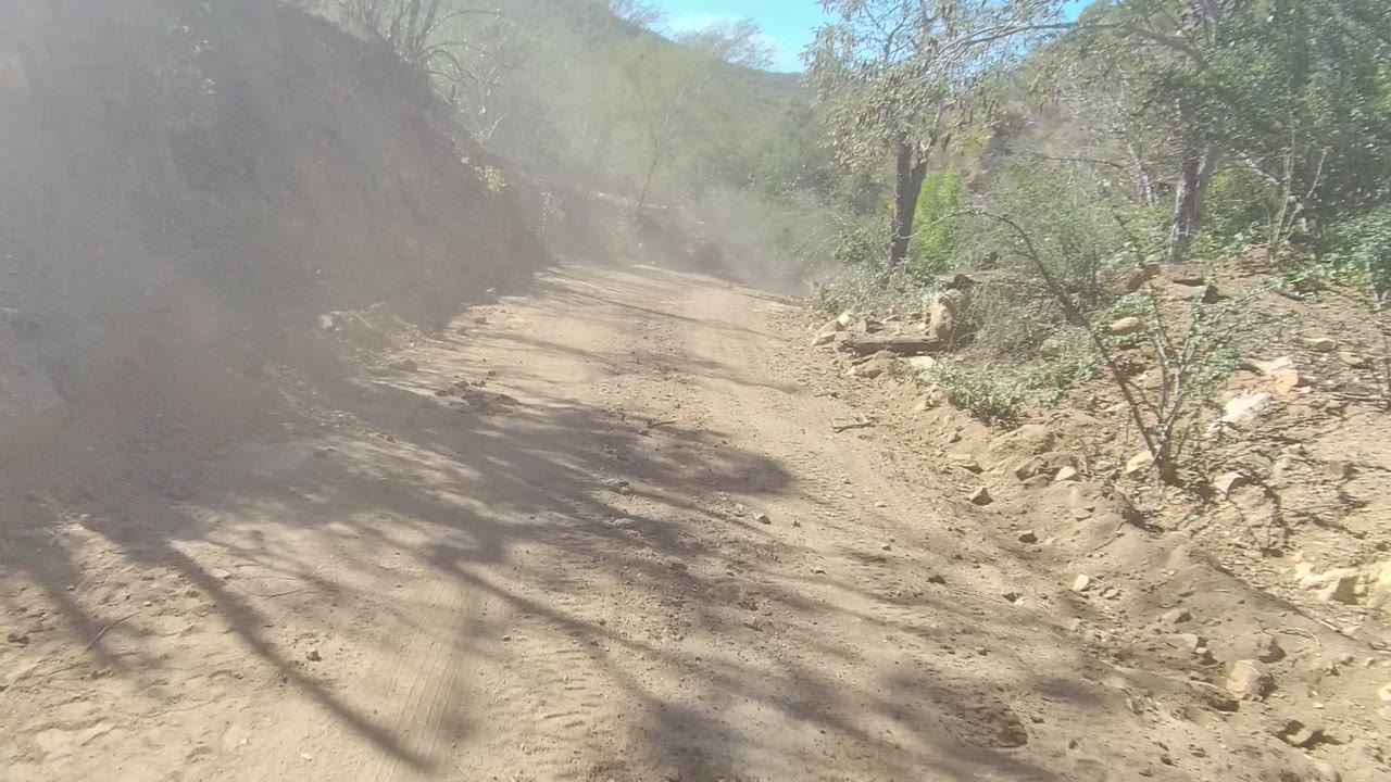 A dusty winding dirt road in Los Cabos, Baja California Sur, runs between rocky banks and sparse shrubs under hard sun, with no visible people.