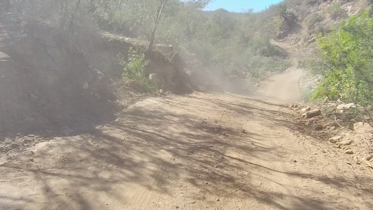 Dust drifts over the winding dirt road in Los Cabos, Baja California Sur, partially veiling the rocky roadside and sparse green brush, with no visible people.