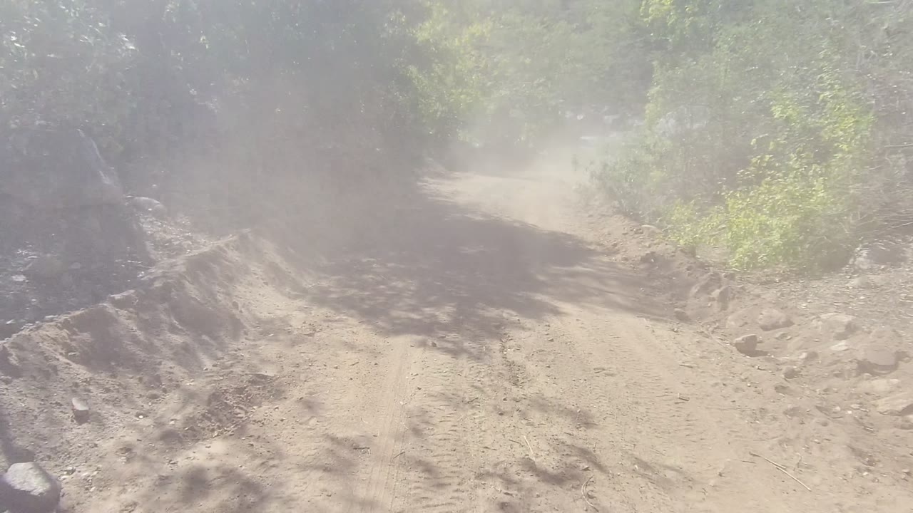 A pale dust cloud hangs over a rutted dirt road in Los Cabos, with dry brush, tree shadows, rocks, and no visible people.