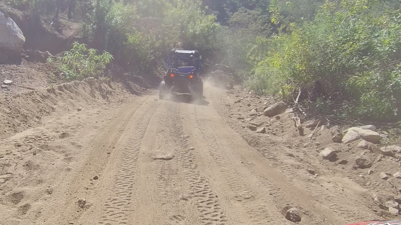 A small dark jeep recedes along the dusty Los Cabos trail, with sandy ruts leading toward rocky sides, thick green brush, and no visible people.