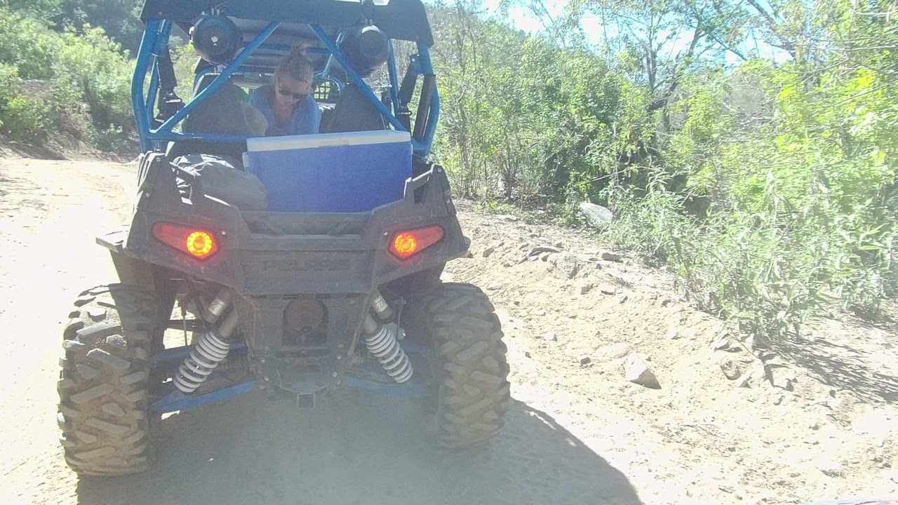 Rear view of a blue UTV on a dusty dirt trail in Los Cabos, Baja California Sur, with the driver partly visible and orange taillights lit.