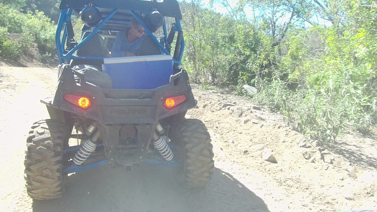 Rear of the blue UTV sits close to camera on the Los Cabos trail, with orange taillights, exposed suspension, dusty ground, and tall dry bushes at right.