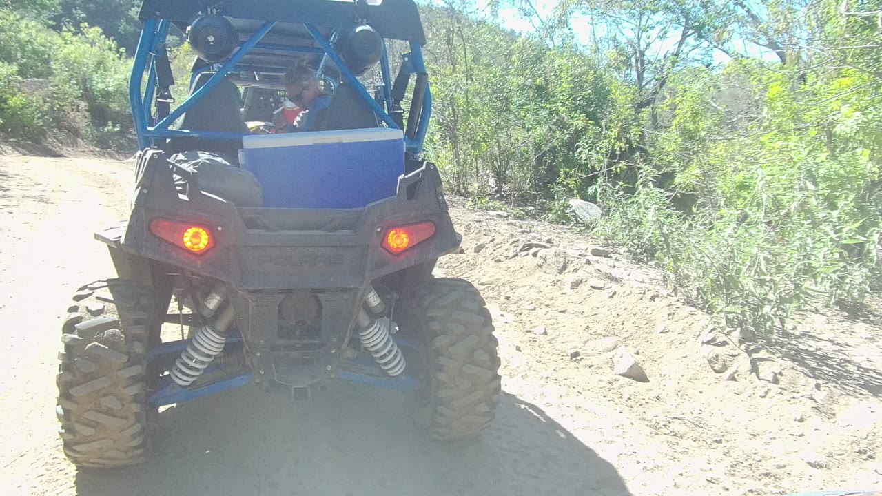 Rear view of a blue UTV on a rocky dirt trail in Los Cabos, Baja California Sur, with bright sun on bushes and a driver partly visible inside.