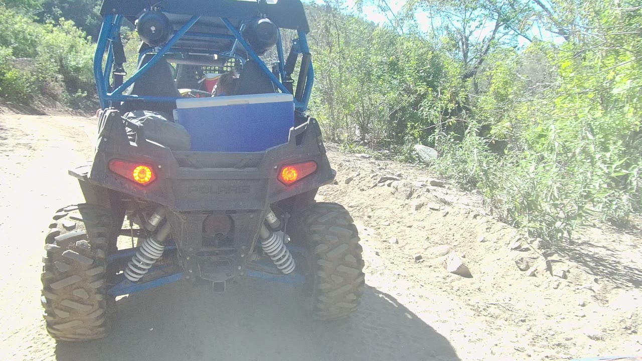 Rear view of a blue dune buggy on a dry Los Cabos trail, showing large treaded tires, exposed shocks, brushy background, and no visible people.