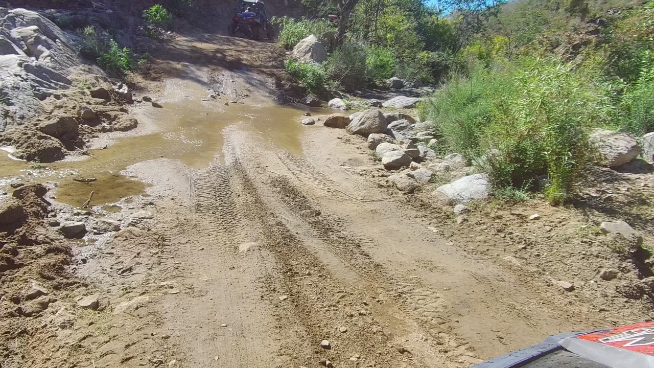 A muddy dirt trail in Los Cabos, Baja California Sur has tire ruts, shallow standing water, scattered rocks, green brush, and no visible people.