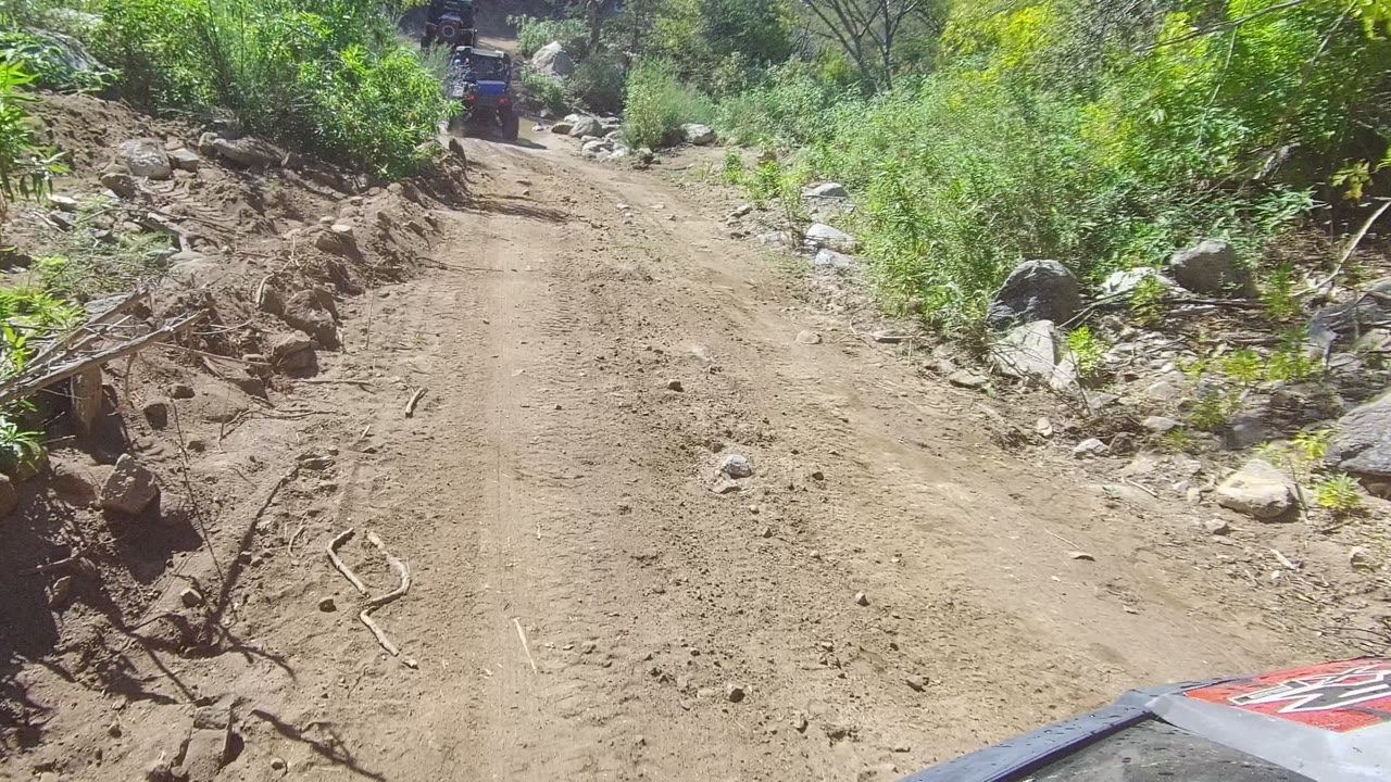 A narrow tan dirt road in Los Cabos runs between dense green shrubs and scattered rocks, with an off-road vehicle near the top of frame and no visible people.